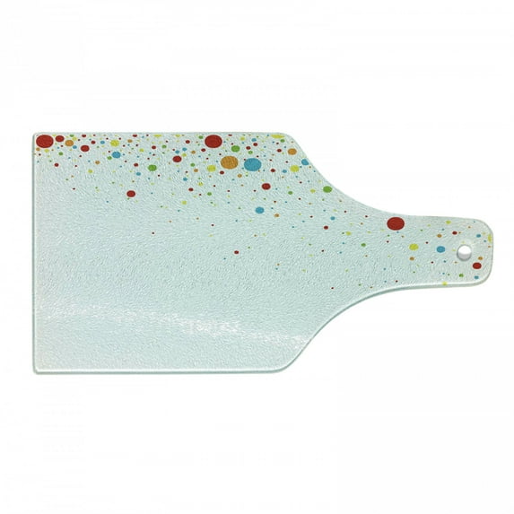 Colorful Cutting Board, Small Dots Like Party Celebration Print on White Backdrop Retro Style Art, Decorative Tempered Glass Cutting and Serving Board, Wine Bottle Shape, Multicolor, by Ambesonne