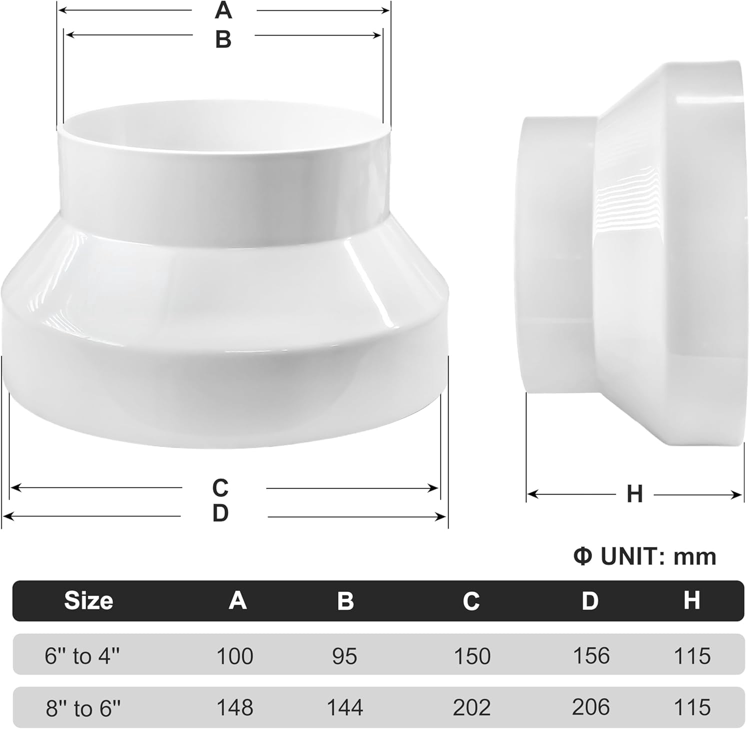 MKEUDQ-Duct Reducer 6 to 4 inch Air Duct Adapter HAVC Pipe Connector for Inline Ventilation System (150mm to 100mm)