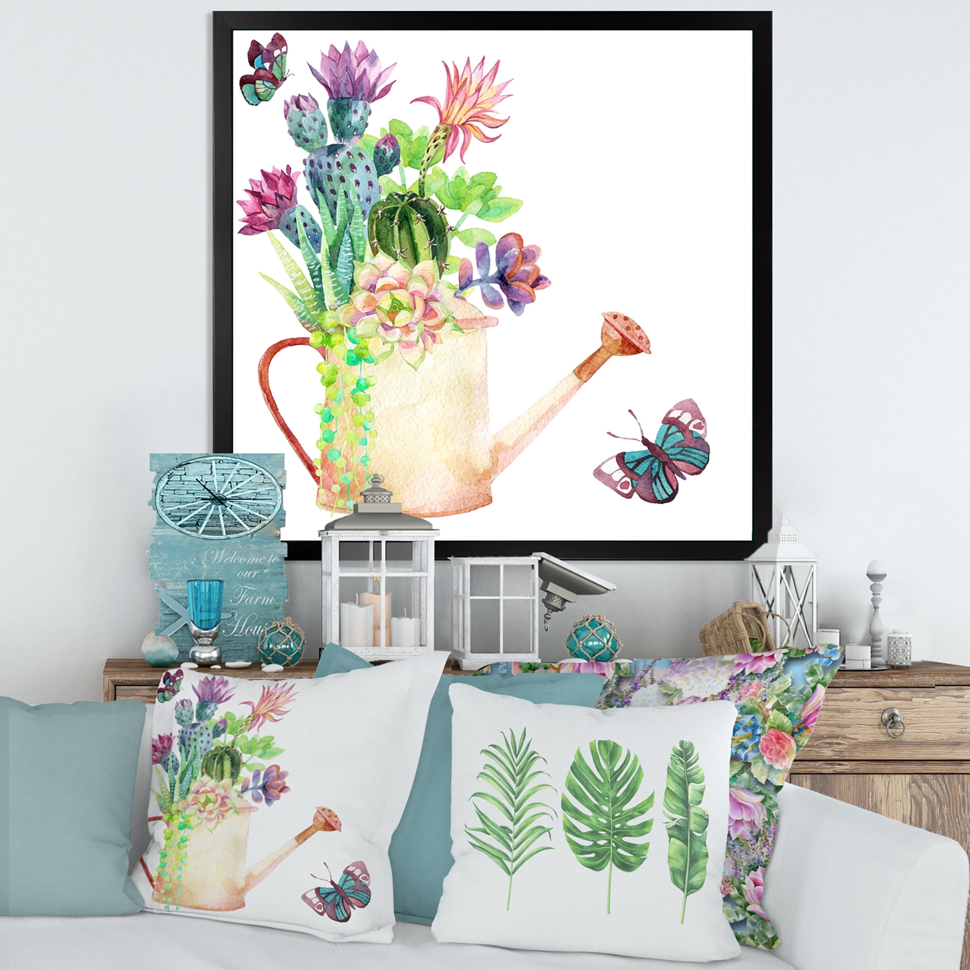 Succulents In Old Watering Can With Butterfly 36 in x 36 in Framed Painting Canvas Art Print, by Designart