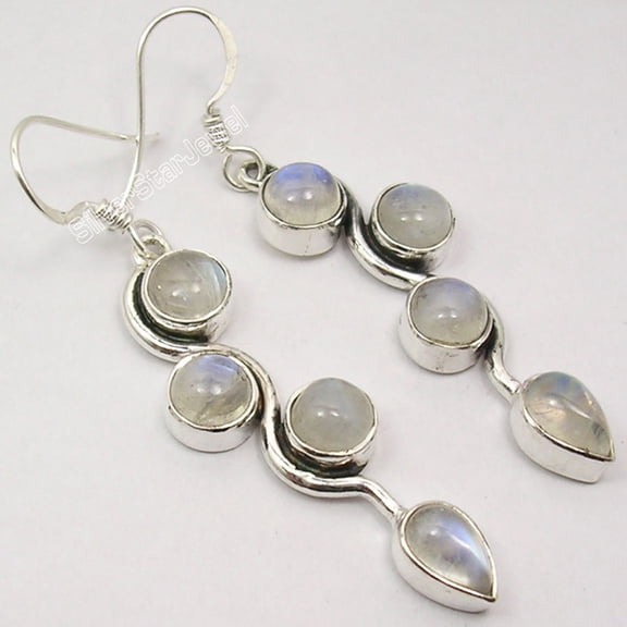 SilverStarJewel 925 Pure Silver Cabochon Rainbow Moonstone 4 Gem Lovely Long Earrings 2"