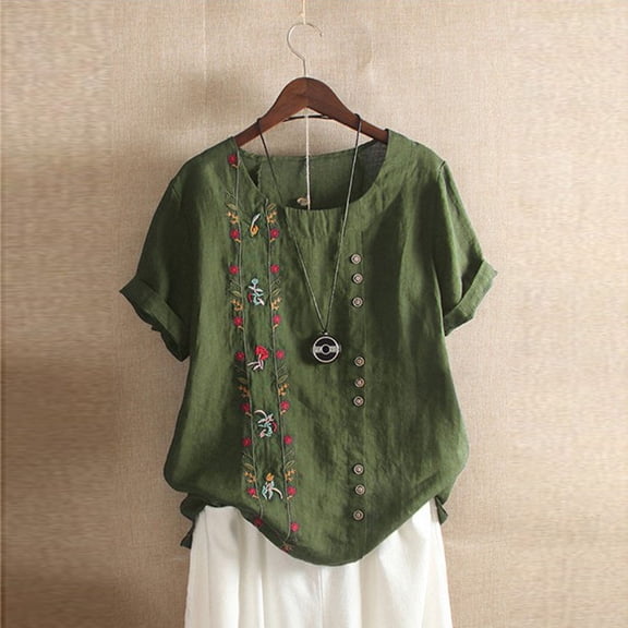 Tops for Women Trendy Gsakboxl Plus Size Round Neck Button Down Short Sleeve Blouse Bohemian Floral Embroidered Cotton Linen Casual Top Summer Tops