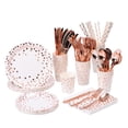 thumbnail image 1 of Juego de vajilla desechable para fiestas de 200 piezas que incluye platos, vasos y pajitas de papel. Oro rosa, 1 of 9