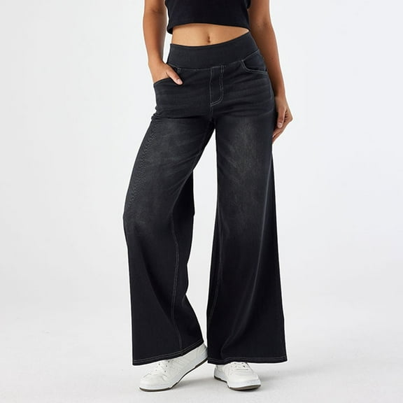 Hauaitttt Pull On Wide Leg Jeans for Women High Waisted Stretchy Baggy Trendy Straight Leg Jeans Denim Pants Casual Pants for Women Loose Fit Track Sweatpants for Women plus Size Pants for Women Work