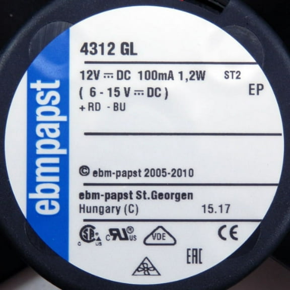 Ebm-Papst 12VDC 55.9CFM 30dB Low Speed Axial Ball Bearing Fan 4312GL