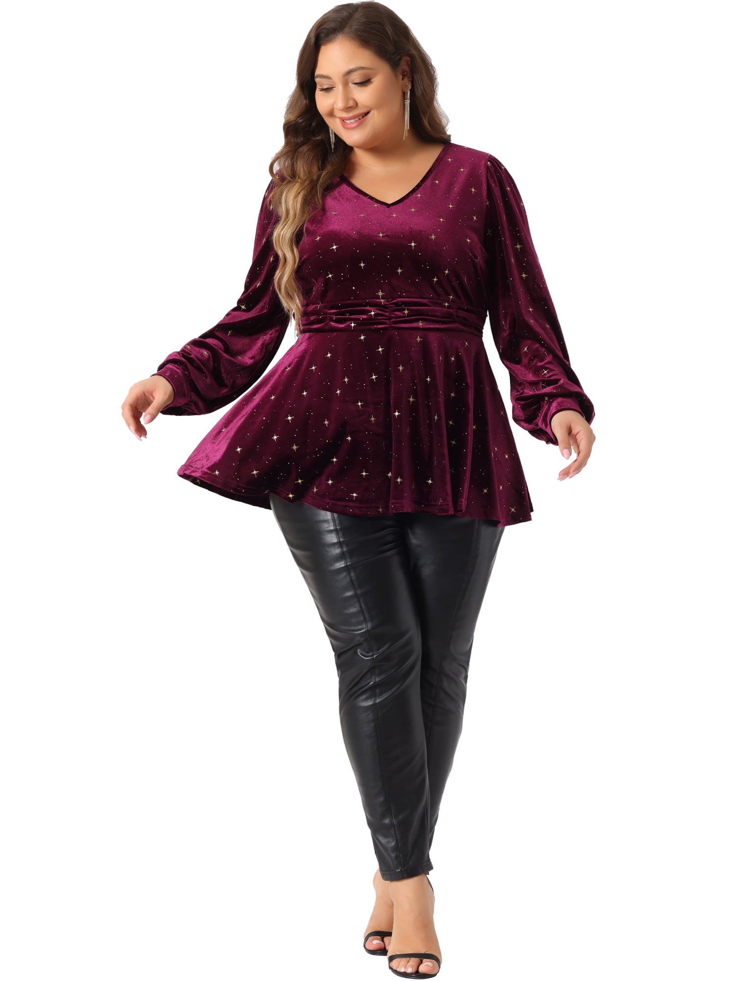 DARING DIVA Women's Plus V Neck Long Sleeve Gilding Metallic Stars Blouse 2X Burgundy