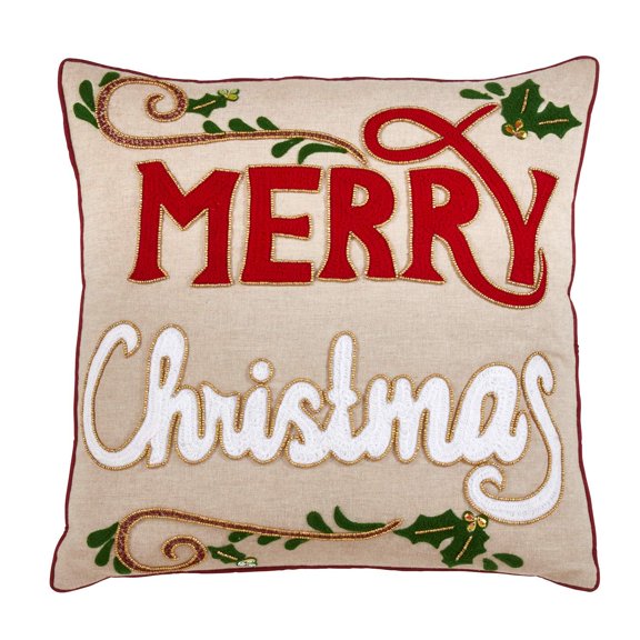 Arbres Collection Farmhouse Merry Christmas AppliquÃ© Beaded 100% Cotton 18 x 18 Inch Pillow