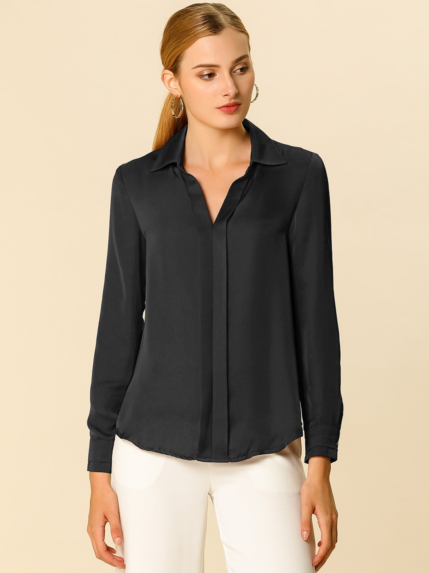 DARING DIVA Women's V Neck Classic Work Office Long Sleeve Shirt XXL Black