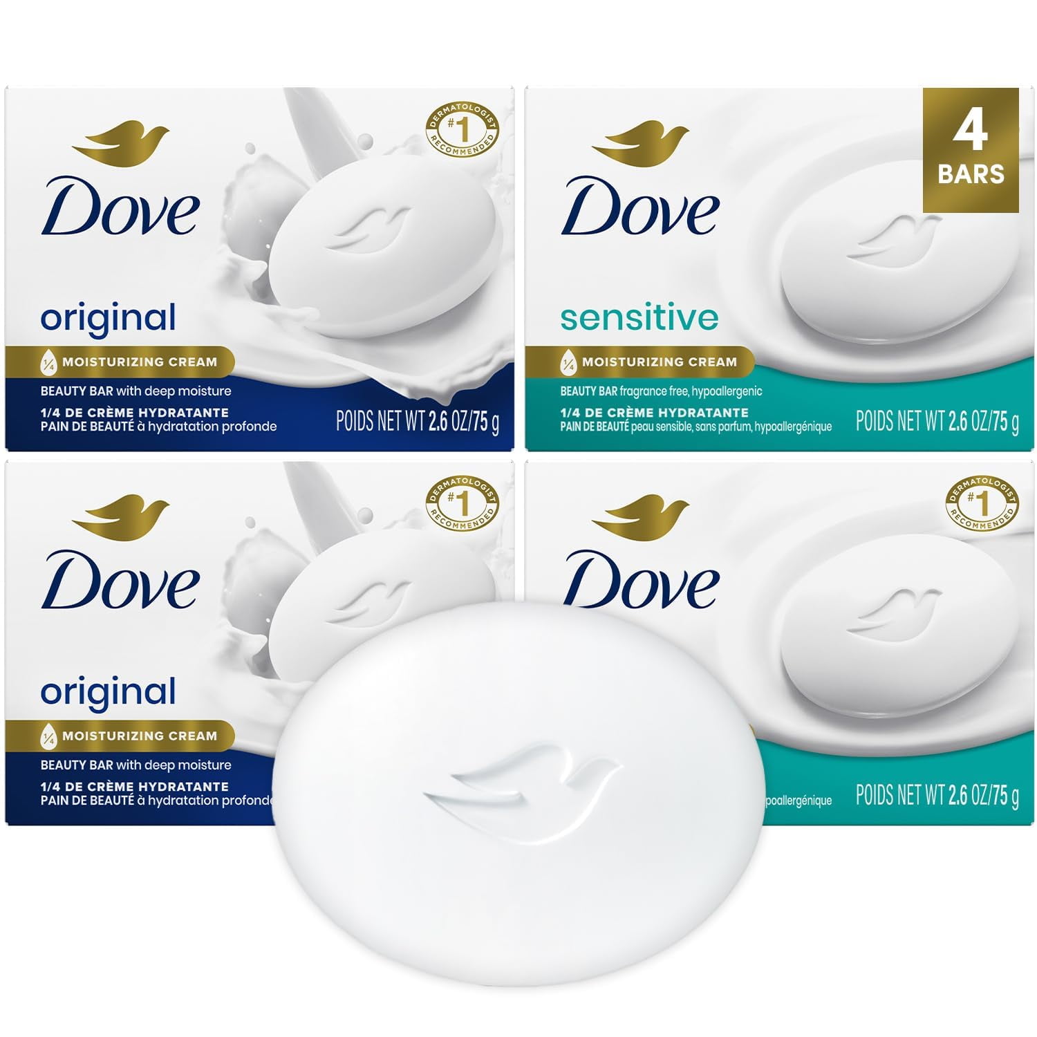 Dove Beauty Bar Soap Variety 4-Pack (Original + Sensitive Skin), 2.6 Oz Ea | Dove Soap Bars with ¼ Moisturizing Cream for Soft Skin | Original, Scented 2-Pack + Sensitive Skin, Fragrance-Free 2-Pack
