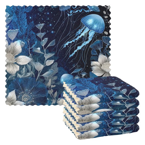6 Pieces of Kitchen Towels 11x11Inch Kitchen Dish Cloths Kitchen Dish Towels Reuseable Cleaning Cloths Jellyfish and Plants