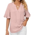 thumbnail image 1 of Camiseta con cuello en V para mujer, mangas con volantes, ajuste holgado, color puro, informal, Top de verano para uso diario, Rosa L, 1 of 6