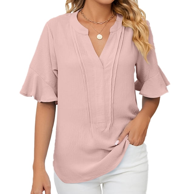 Camiseta con cuello en V para mujer, mangas con volantes, ajuste holgado, color puro, informal, Top de verano para uso diario, Rosa L