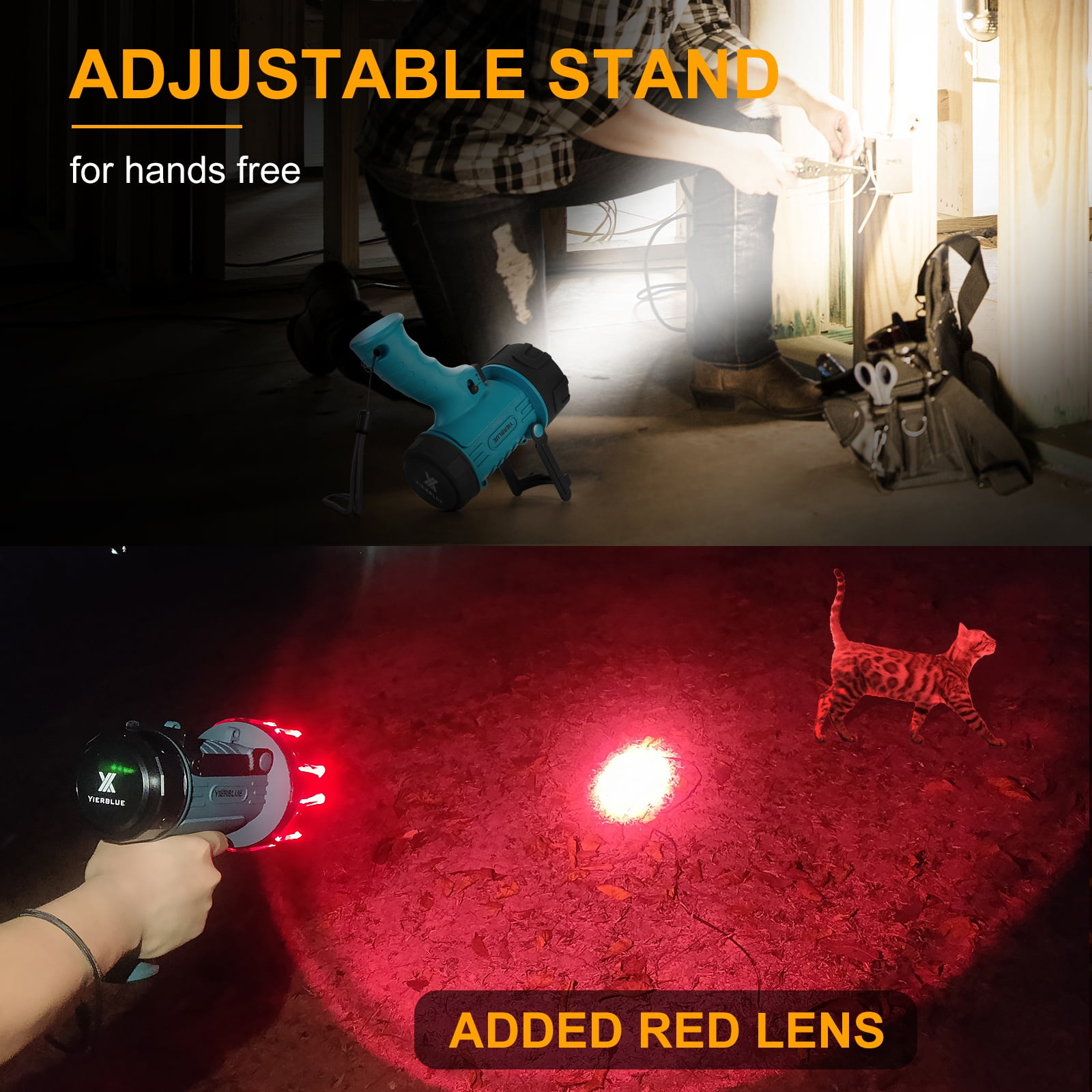 YIERBLUE Rechargeable Spotlight Flashlight, 300000 Lumen LED, IP67 Waterproof, Impact Resistant, with Foldable Stand and Detachable Red Lens