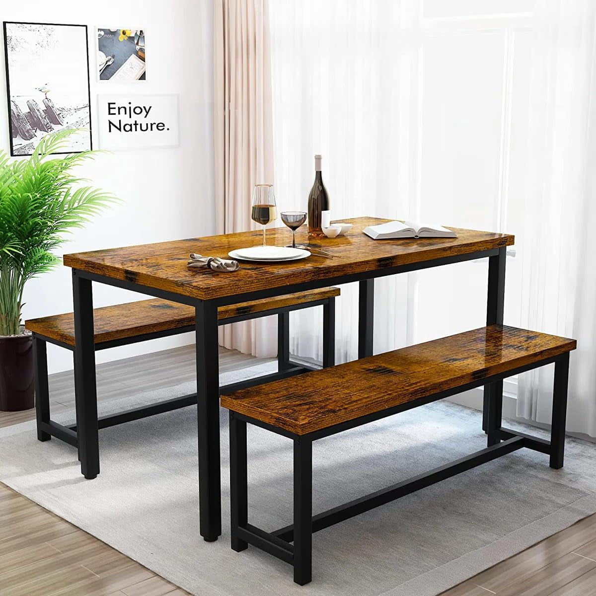 Cvortll Dining Table Set, Rectangular Dining Table and Chairs for 4-6, Modern Wood Dining Room Table Set Kitchen Table Set with Two Benches & Metal Frame for Kitchen, Restaurant