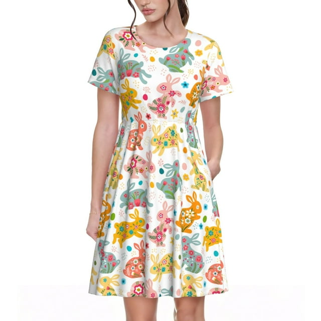 Vsdgher Robe Bohème Lapin pour Femmes Été 2025 Décontractée Midi Maxi Légère à Manches Courtes Col Rond Robe de Plage