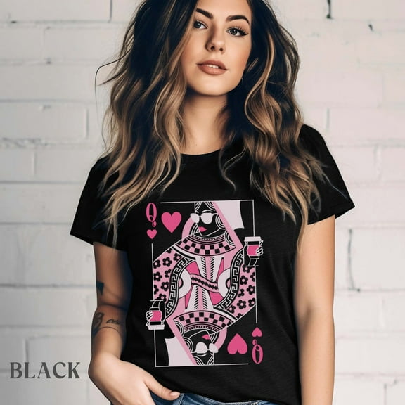 Queen Of Hearts Coffee Lover T-Shirt, Mothers Day Gift for Mom, Birthday Queen, Valentines Day Heart Shirt, Floral Checker Graphic Tee