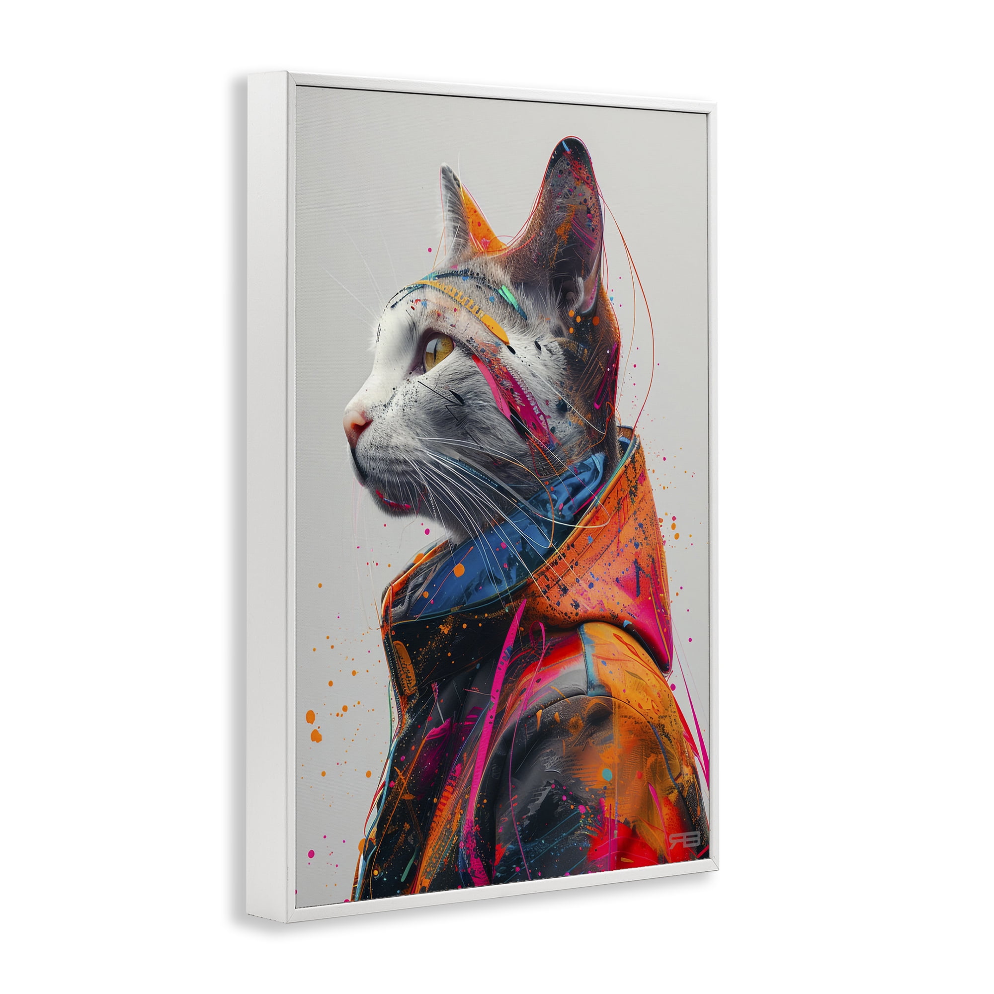 Stupell Industries Paint Splatter Cat Animals & Insects Painting White Framed Art Print Wall Art, 12 x 18
