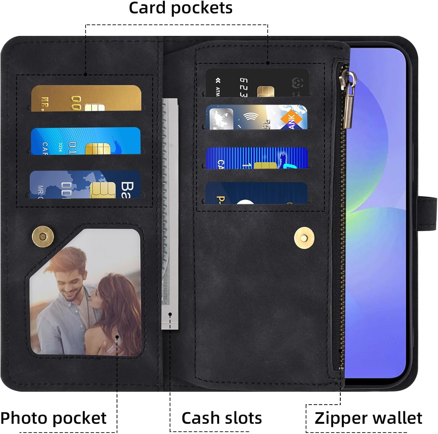 Asuwish Phone Case for Samsung Galaxy A36 5G Wallet Cover With Tempered Glass Screen Protector Crossbody Wrist Strap Flip Pattern Zipper Credit Card Holder Cell A 36 36A LTE SM-A366U Women Men Black