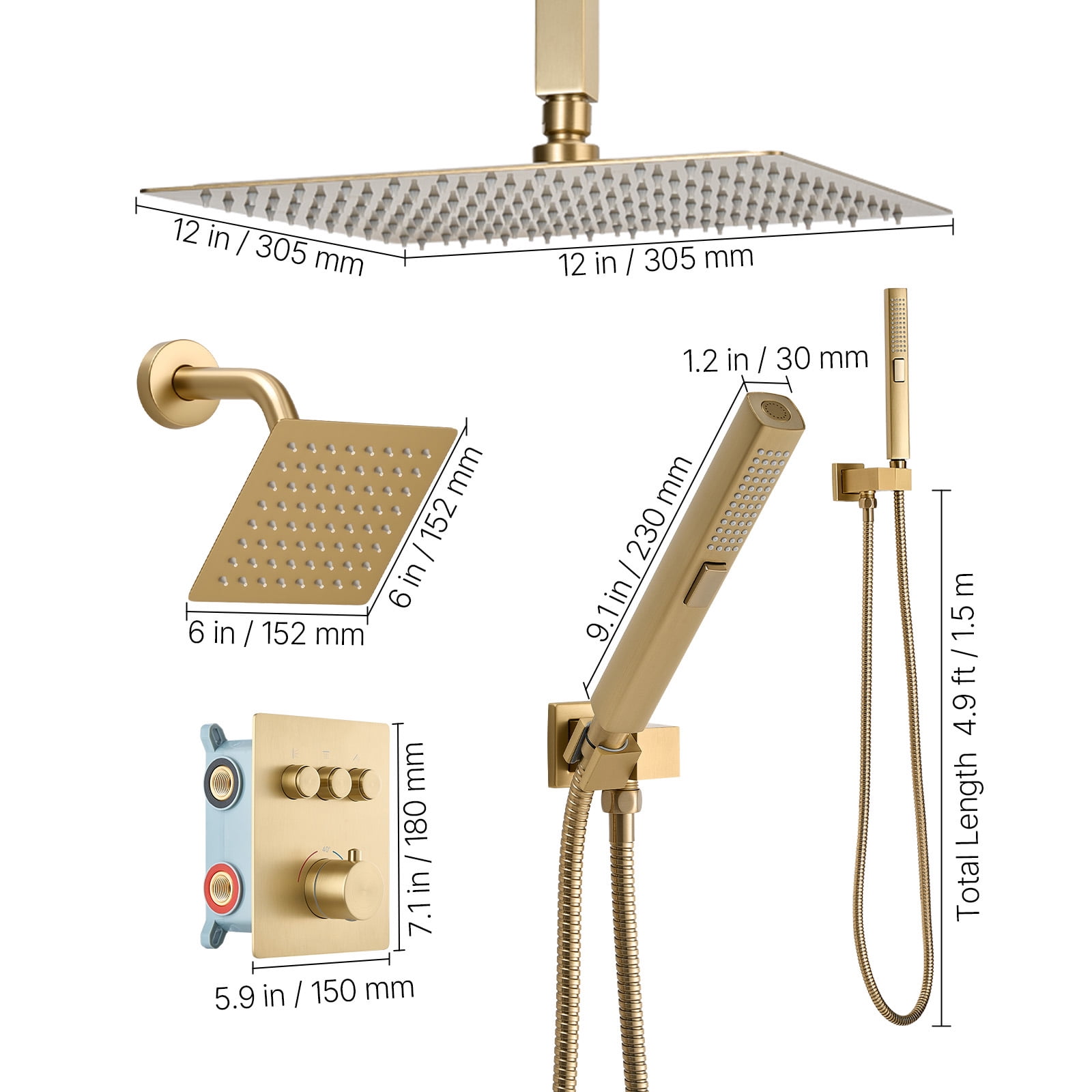 KFFKFF 12-Inch Thermostatic Ceiling Rain Shower System with Wall-Mounted Head and Handheld Spray, 3-Function Dual Rain Head with Brass Valve Trim Kit, Brushed Gold