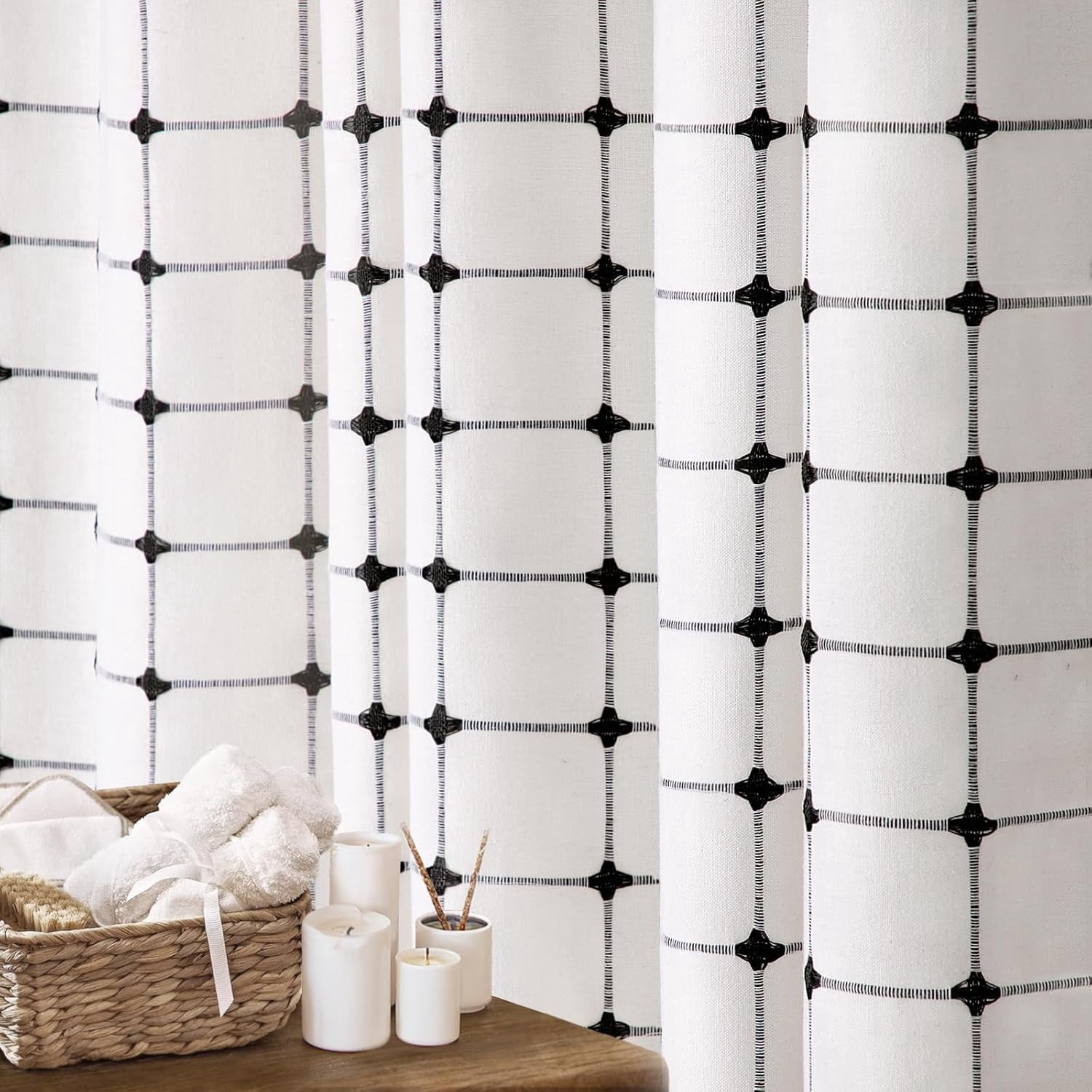 Black and White Farmhouse Shower Curtain Cotton Texture with Embroidered Plaid Pattern and Tassels for Bathroom,72" W×72" L