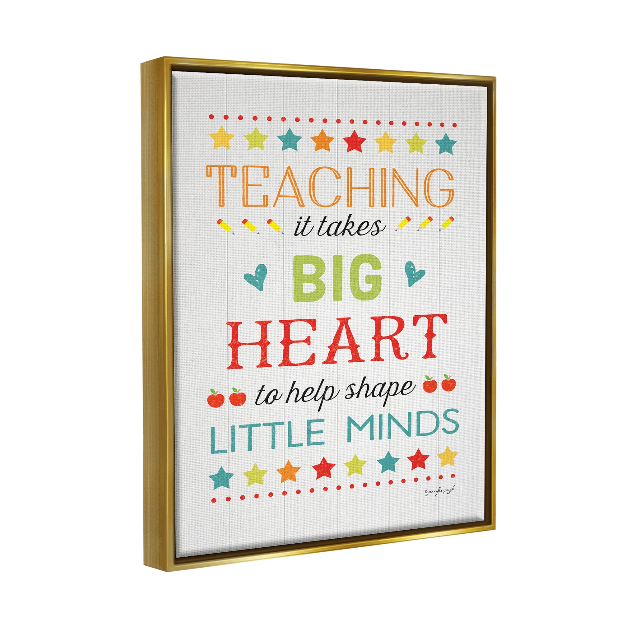 Stupell Big Heart Shapes Little Minds Teaching Inspirational Painting Gold Floater Framed Art Print Wall Art