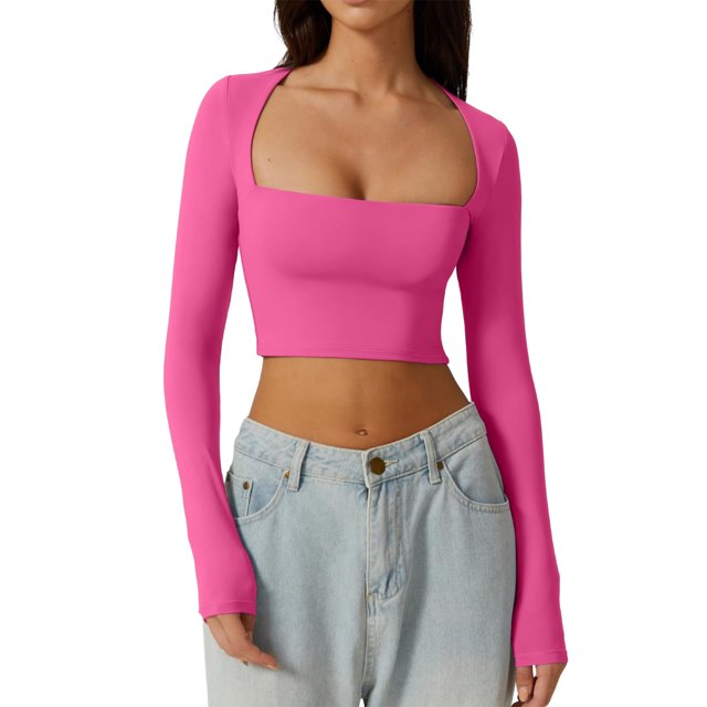 Blusa Mangas Largas Camisa recortada básica Jersey Camisa corta Mujer Ropa de calle con ajuste ajustado Kuymtek Rosa roja T M para Mujer