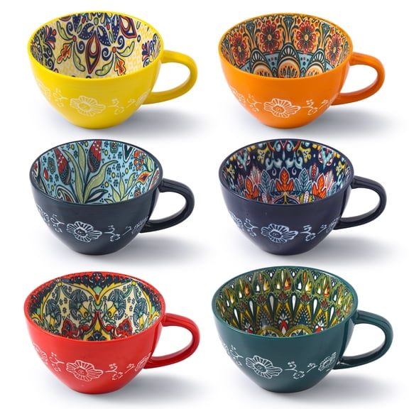 6 Piece Coffee Cup Set, Handmade Ceramic for Home Decor, Boho Mug for Latte, Tea, Cappuccino, Cocoa, Microwave & Dishwasher Safe