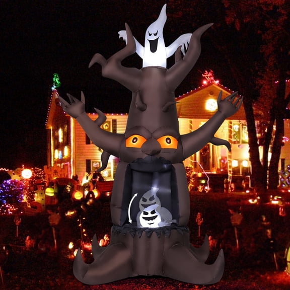 GOOSH Halloween Inflatables 9 FT Animated Halloween Tree Inflatables with Built-in LED lights, Scary Spooky Tree Inflatable with White Ghost, Outdoor Halloween Decorations for Halloween Holiday Party