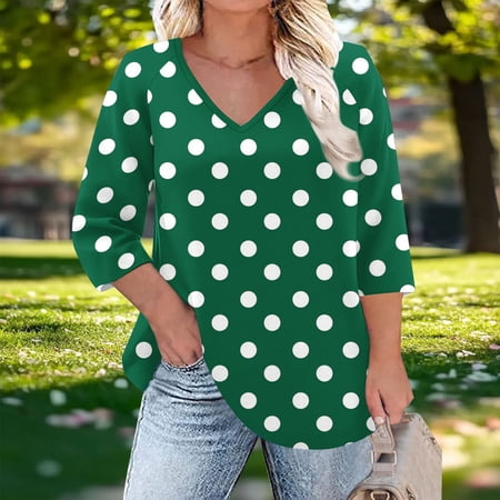 V Neck T Shirts For Women Loose Fit 3/4 Sleeve Tops Dressy Casual Three Quarter Length Blouses Army Green 2XL