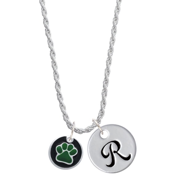 Delight Jewelry Silvertone Green Paw on Black Disc Silvertone Script Initial Disc - R - Charm Necklace, 20"+3"