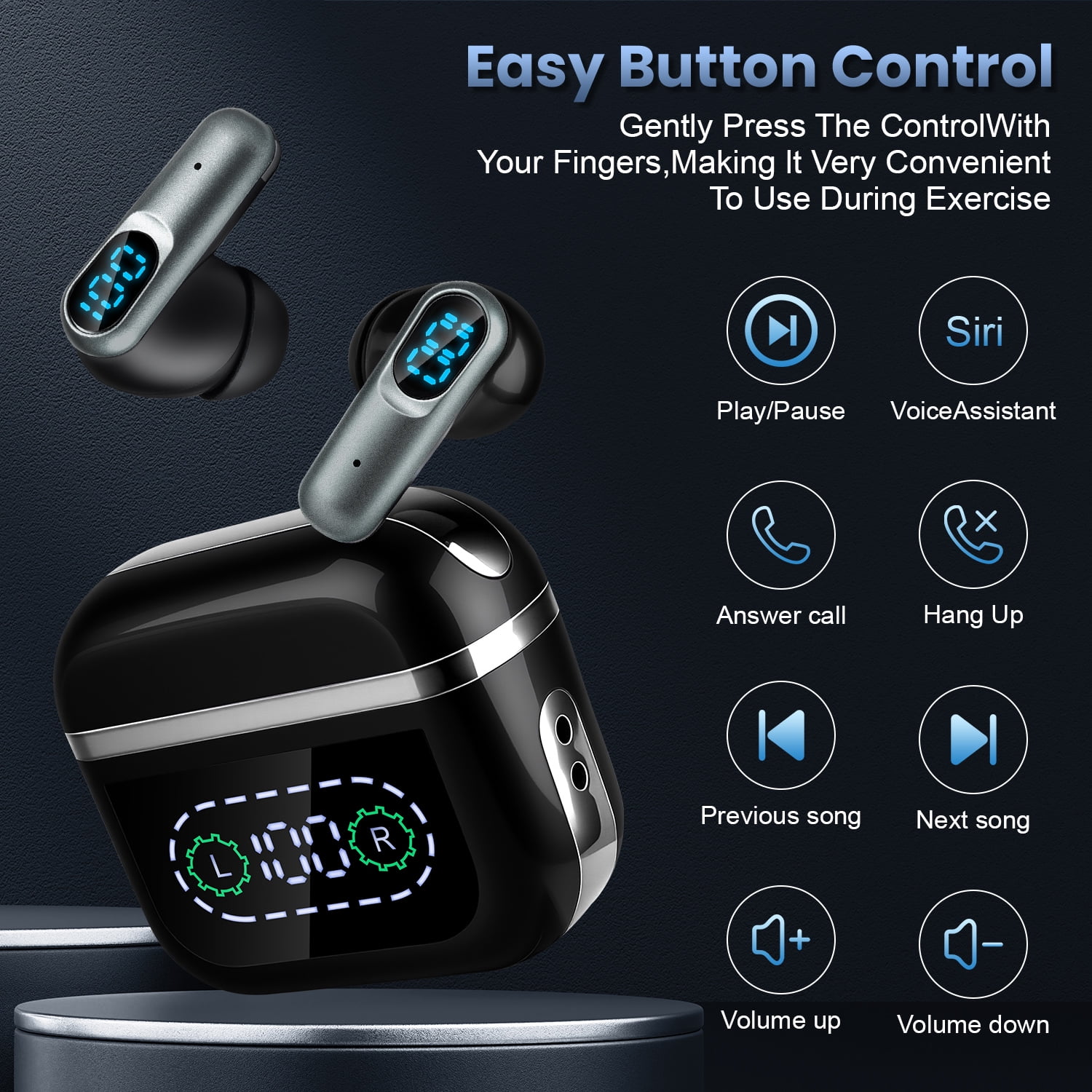 Wireless Earbuds for Android with Strap,Bluetooth 5.4 Earbuds Headphones Noise Cancelling LED Power Display Dual Mic w Charging Case Headphone Wireless Earbuds Compatible with iPhone/Android,Black
