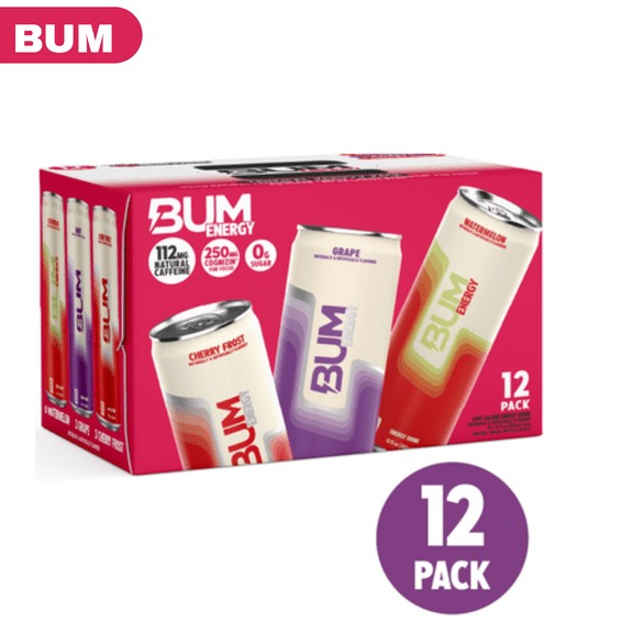 BUM Energy Drinks, Fruit Variety Pack, 12 fl oz, 12 Count, Zero Sugar, 112mg Natural Caffeine