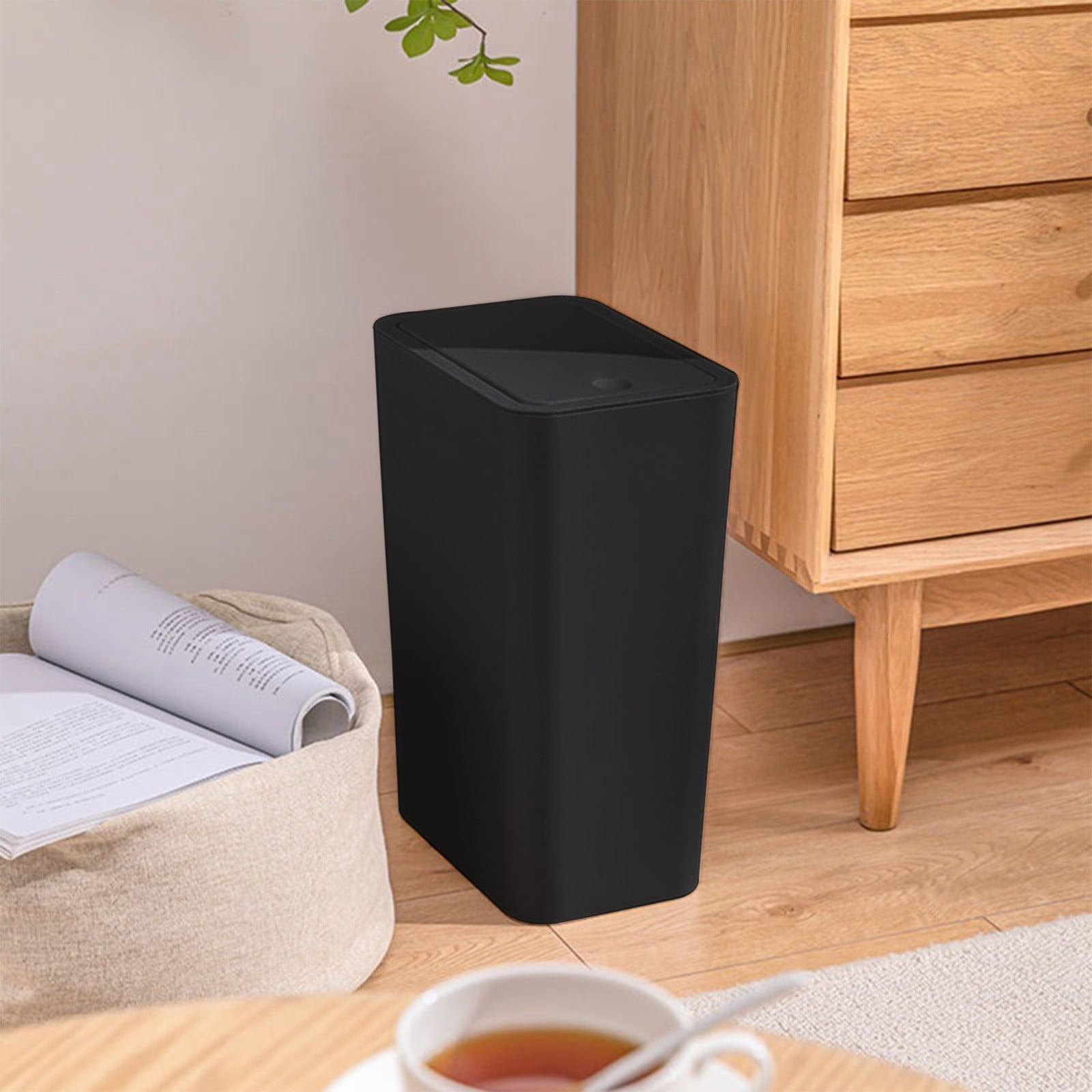 Miyuadkai Square Push-Down Trash Can with Lid, Black, Small Trash Can with Lid Bathroom Garbage Can with Up Lid 13In Plastic Trash Waste Basket for Kitchen Bedroom Narrow Space