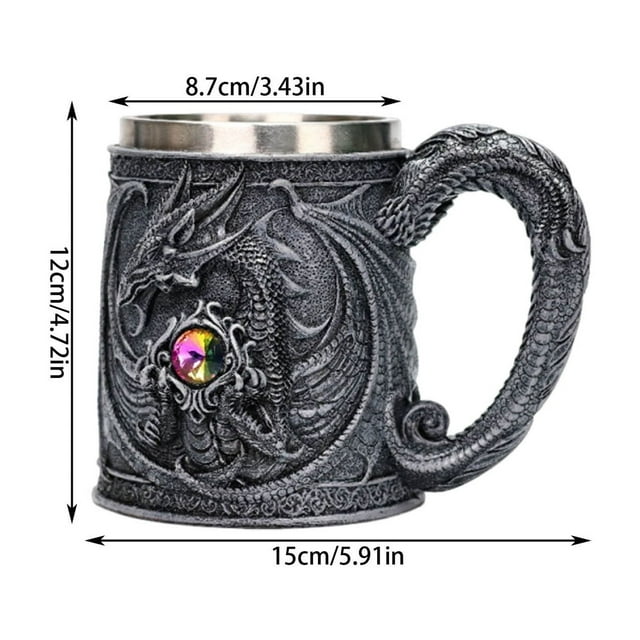 Tasses à Café en Verre Dragons Médiévaux Rugissants en Résine Embossée avec Doublure en Acier Inoxydable, Capacité de 450 ml pour Présentation de Bière Vin Lait Cadeau Gothique Unique, Tasses à Café en Verre