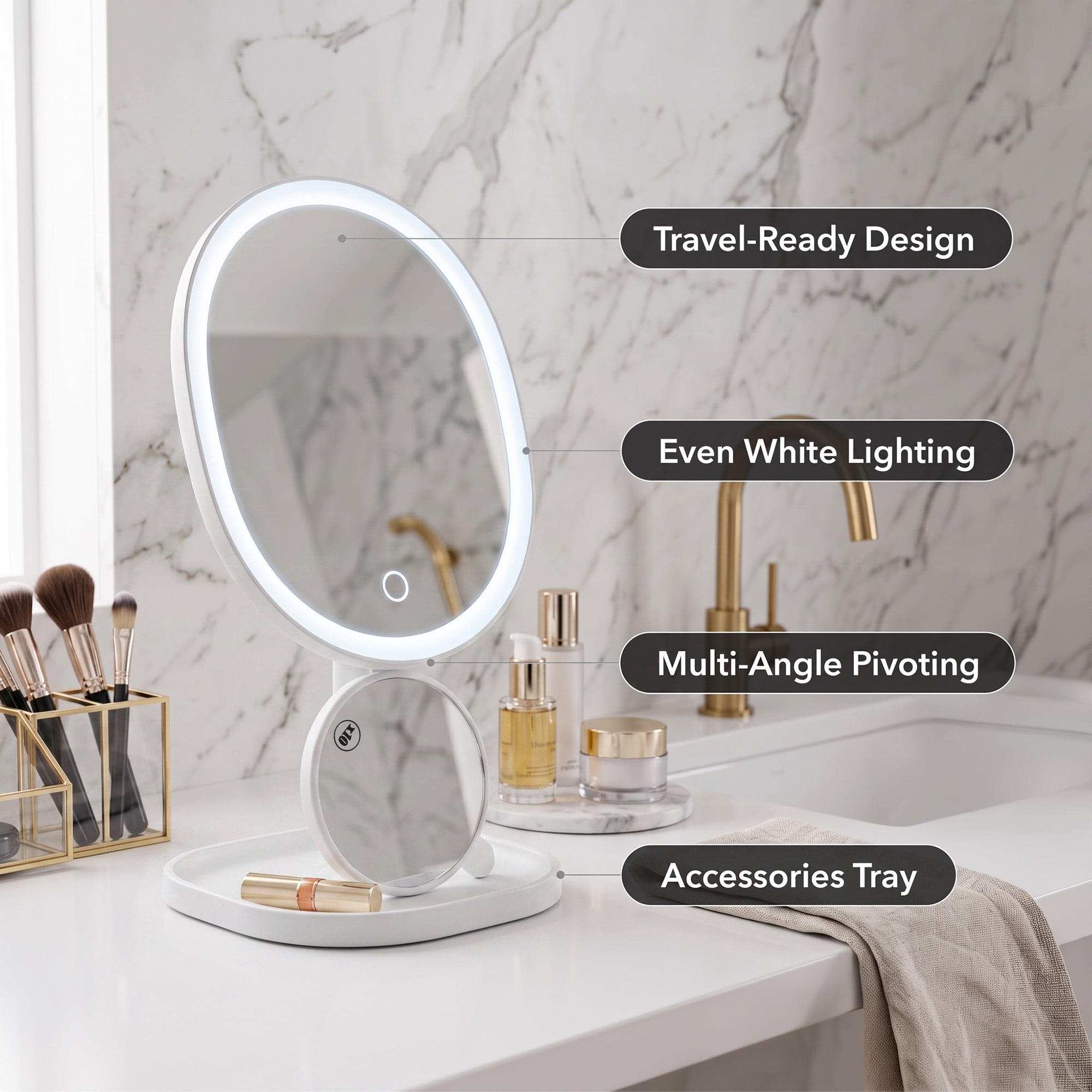 OVENTE 9" Rechargeable Lighted Tabletop Makeup Mirror with Mini Magnetic 10X Magnifying Mirror, Touch Screen Dimmable LED Lights, Portable Vanity Mirror Perfect for Bathroom or Travel, White MOT22W
