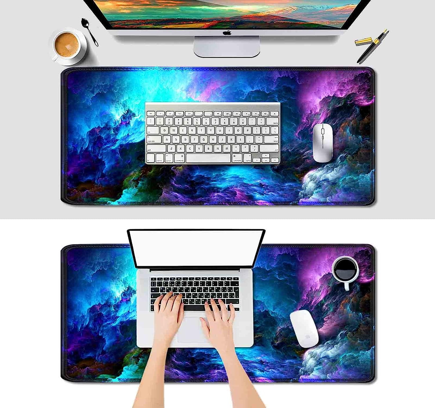 Blue Purple Gaming Mouse Pad (35.4x15.7 in), Large Mouse Pads for Desk, Non-Slip Rubber Base XXL Mousepad, Keyboard Mouse Mat, Desk Mat with Stitched Edges, Abstract Glowing Galaxy