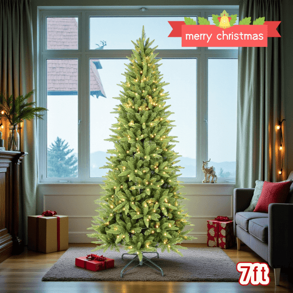 Tcbosik Pre-Lit Slim Christmas Tree with 400 Warm White Lights, 7ft Realistic Artificial Xmas Tree with 1180 Branch Tips & Metal Stand for Indoor Holiday Decor, Easy Assembly, Green