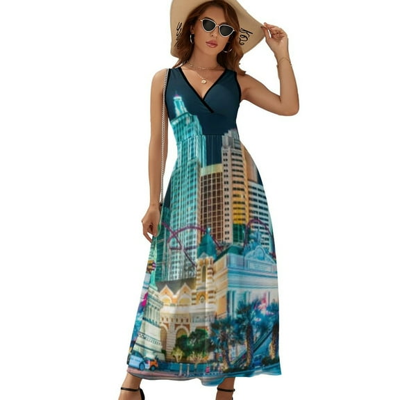 The Wonders of Las Vegas Womens Night Club Maxi Dress V Neck Sleeveless Bohemia Long Dresses