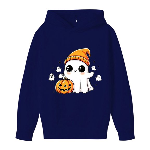 ZHOGXU Girls Halloween Casual Hooded Sweatshirt Pumpkin & Ghost Print Long Sleeve Pullover Hoodie For Kids Streetwear,Navy,13-14 Years