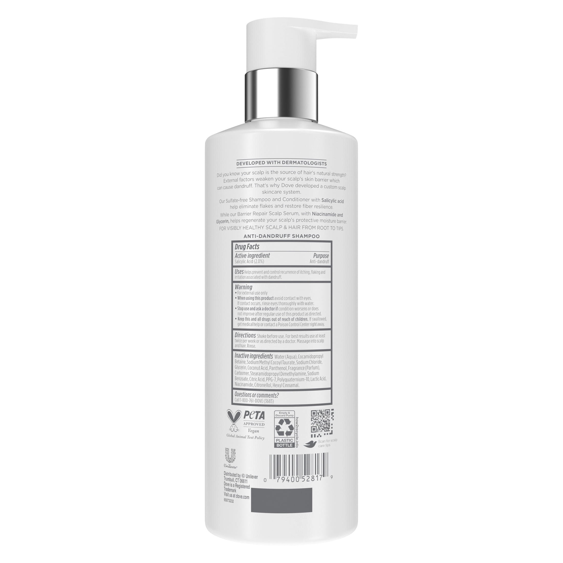 (4 pack) Dove Derma Scalp Dandruff Relief Shampoo With Salicylic Acid, Sulfates And Niacinamide For Removing Flakes & Boosting Hair Resilience ,16 fl oz 1 Count