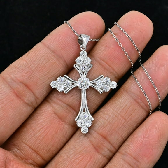 925 Sterling Silver Round Cut Moissanite Cross Pendant Necklace April Birthstone Moissanite Jewelry Birthday Gift For Her
