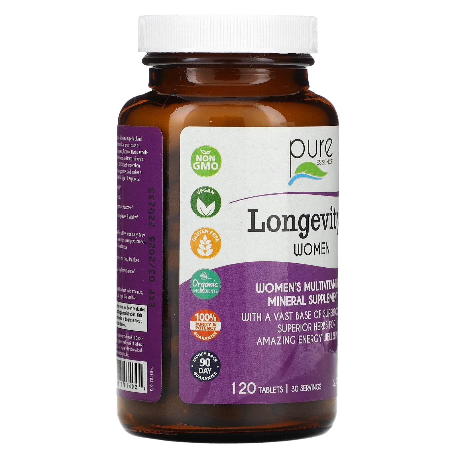 Longevity Women 50+ Multivitamin - Whole Food Supplement with Superfoods, Minerals, Enzymes, Vitamin D, D3, B12, Biotin by Pure Essence - 120 Tablets