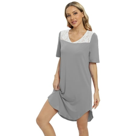 

Women Nightgowns Sexy Sleep Shirts Lace Trim Nightdress V Neck Short Sleeve Pajama Night Sleepwear Soft Nightshirt Homewear Gray S-XXL
