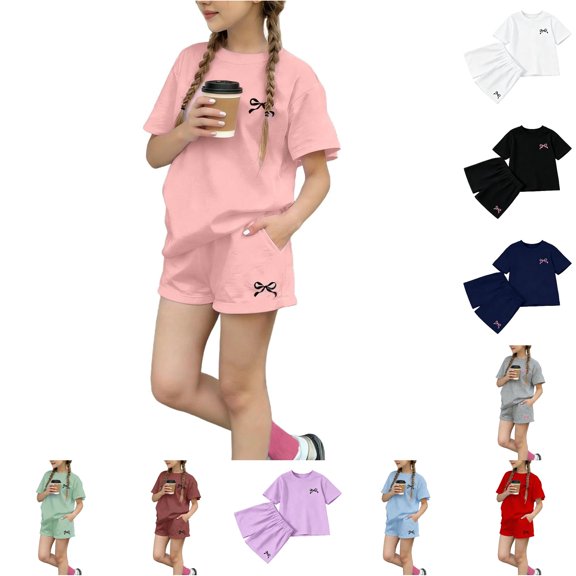 oqasdz Children Kids Girls Summer Outfits Bow Print Short Sleeve Loose Fit Workout Set T Shirts and Shorts for Gym Running Casual Sporty Fashion Clothes,Pink,5-6 Years