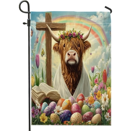 Spring Easter Highland Cow Garden Flags 12x18 Inch Double Sided for Outside, Retro Cross Eggs Animal Pattern Standard Canvas House Flags, Country Farmhouse Front Yard Backyard Lawn Flag