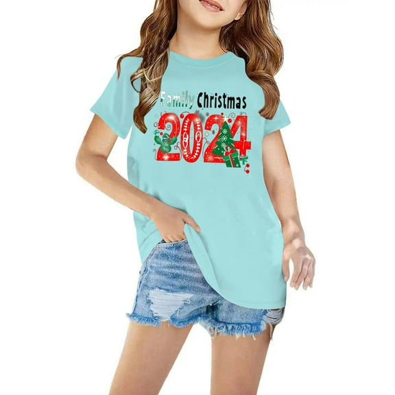 Odeerbi Kids Boys Girls Christmas T-shirt Christmas Print Casual Short Sleeve Tops Shirt Kids Clothes Mint Green