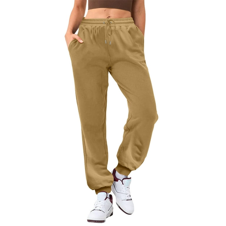 Eguiwyn Pants for Women Women's Solid Color High Rise Joggers for Women  Drawstring Elastic Waist Casual Loose Sweatpants Brown S
