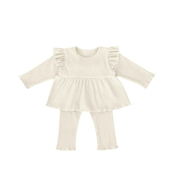 Odeerbi 3M-3Y Toddler Girls Cotton Outfits Ruffle Long Sleeve Peplum Tops Lettuce Trim Pants Two-piece Set Solid Color Casual Loungewear Toddler Girls Clothes