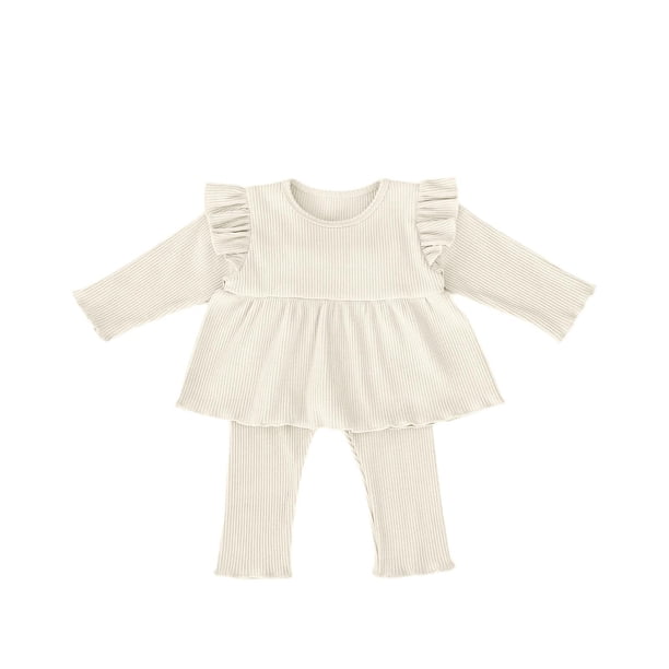 Odeerbi 3M-3Y Niñas Algodón Conjuntos Volantes Manga Larga Peplum Tops Lechuga Trim Pantalones Conjunto Dos Piezas