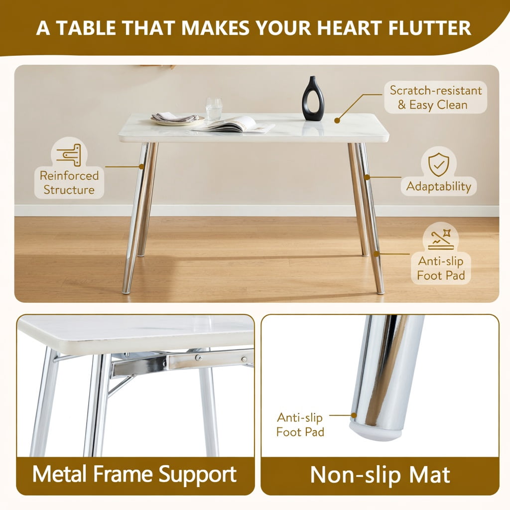 Hommoo Modern Rectangular Dining Table for 4-6 People, Tempered Glass & MDF Top with Imitation Marble Finish, Silver Tapered Metal Legs, Minimalist Design for Small Spaces, White & Sliver