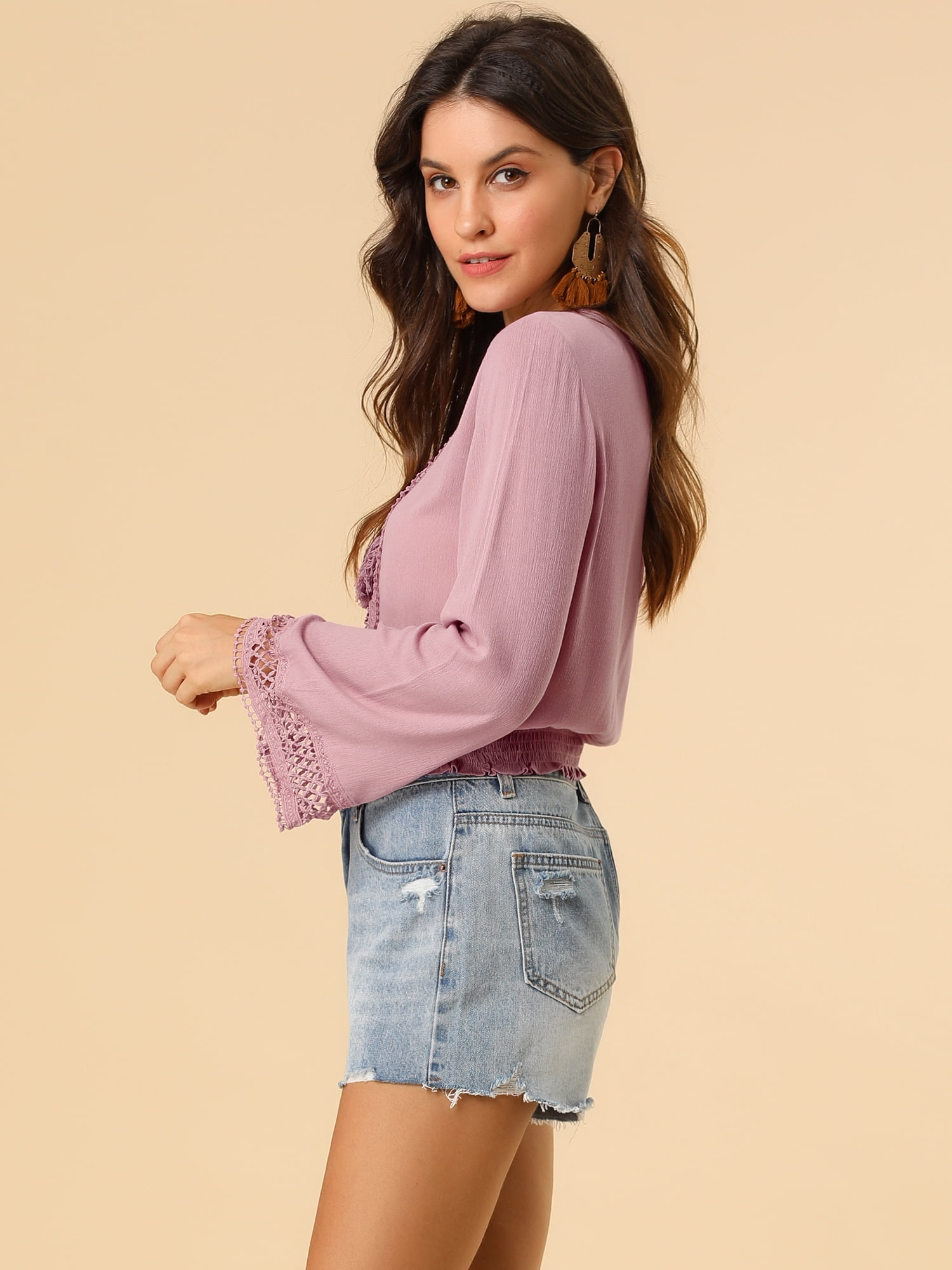 DARING DIVA Women's Lace Peasant Bell Sleeve Smocked Hem Cropped Boho Blouse XS Dusty Pink
